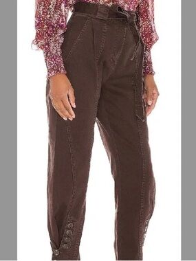 $445 Ulla Johnson Carmen Paperbag Tapered Ankle Pants Brown Size 6